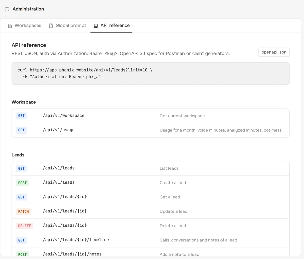 API reference in the Phonix dashboard: methods with descriptions