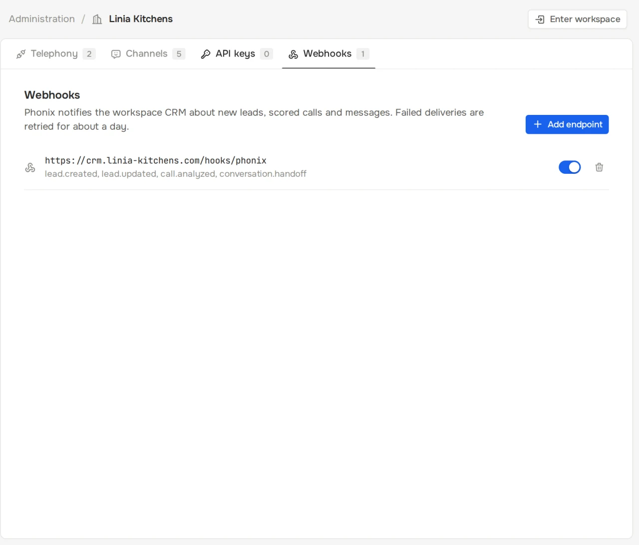 Company webhook settings in the Phonix dashboard
