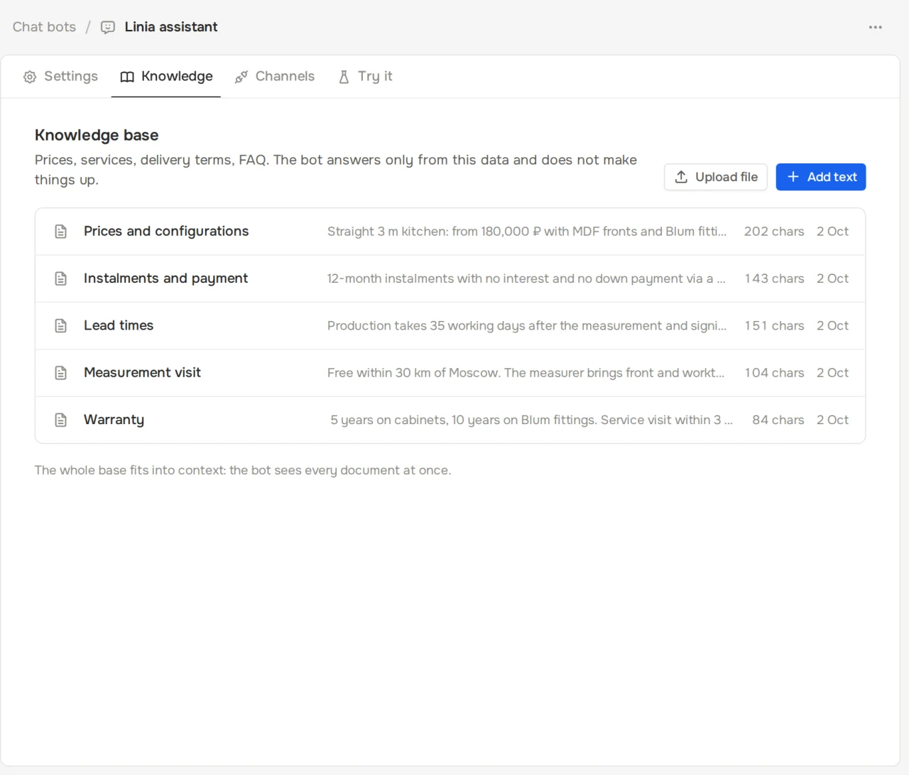 Bot knowledge base: documents with prices, terms and lead times