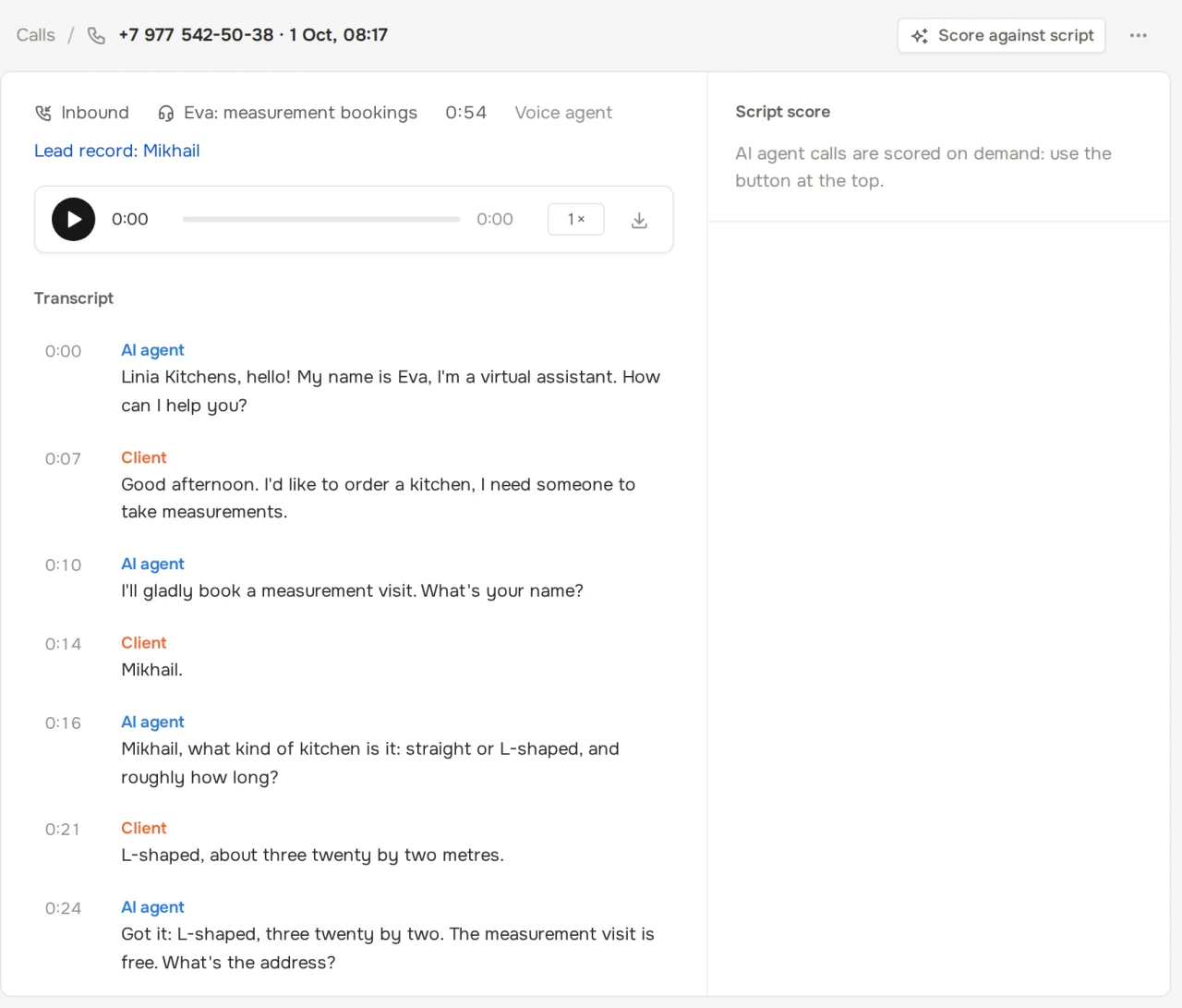 Voice agent call card: recording, transcript and collected fields